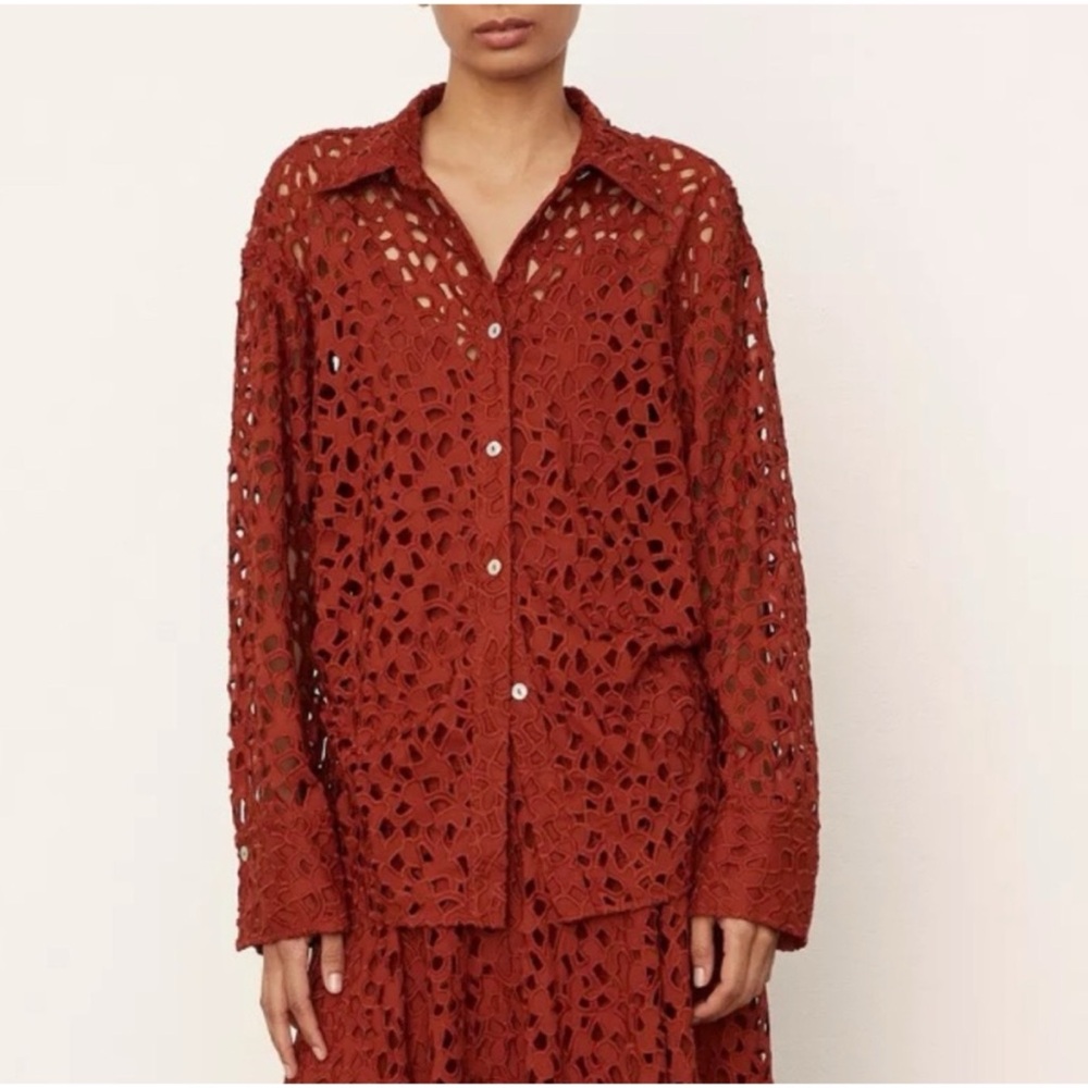 NWOT Vince Lace Sculpted Long Sleeve Button Down Shirt in Rust Amber sz medium